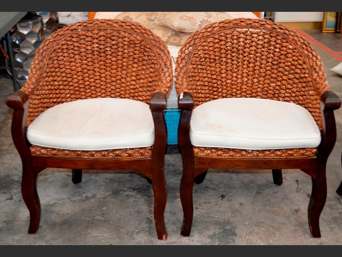 PAIR STAINED PINE & SEAGRASS ARMCHAIRS WITH CUSHIONS [Seagrass pulling away in places]