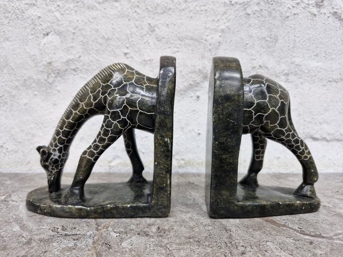 Pair of Hand-Carved Polished Stone Giraffe Bookends 