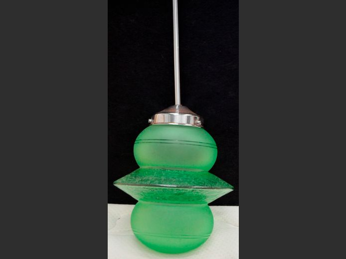 ART DECO STYLE GREEN GLASS & CHROME CEILING LIGHT, 66cm High