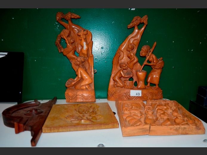 CARVED AFRICAN WALL PLAQUES, etc