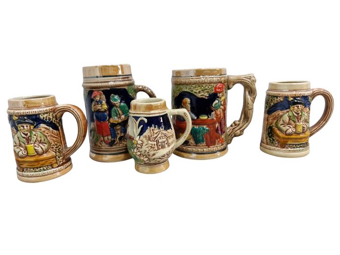 Collection of Vintage German-Style Relief Ceramic Steins & Mugs