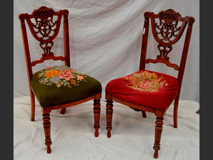 PAIR CARVED MAHOGANY CHAIRS WITH TAPESTRY UPHOLSTERED SEATS [Seat sunken to 1]