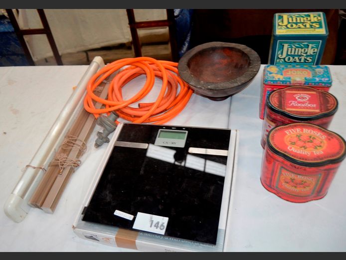 WOODEN BOWL, COLLECTABLE TINS, CAMRY BATHROOM SCALE [Untested], etc
