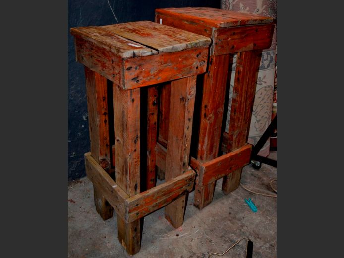 LOT OF 2: PINE BAR STOOLS, 30 x 37 x 32cm & 38 x 31 x 78cm
