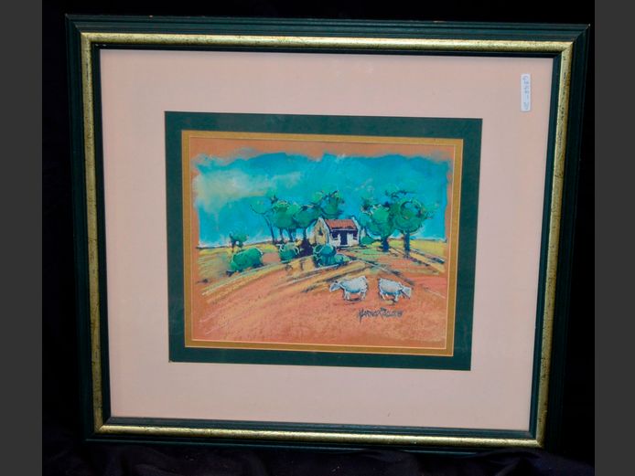FRAMED PASTEL "FARM SCENE" SIGNED MARIUS ROSSOUW, 33 x 27cm