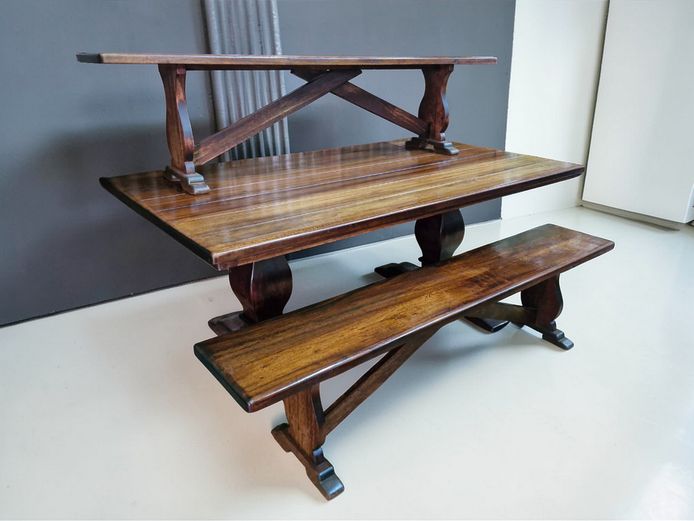 French Trestle-Style Teak Wooden Table & Matching Benches