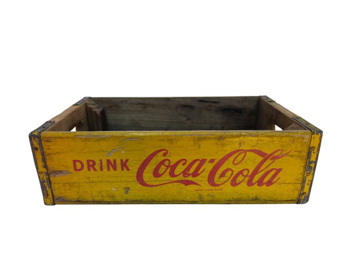 Authentic 1950s Yellow Wooden Coca-Cola Crate with Metal Edging