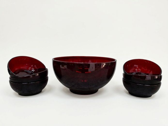 Mid-Century Ruby Red Art Glass Salad Bowl and Dessert Bowls Set