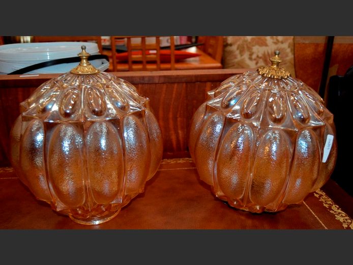 PAIR AMBER GLASS LIGHT SHADES, 30cm High