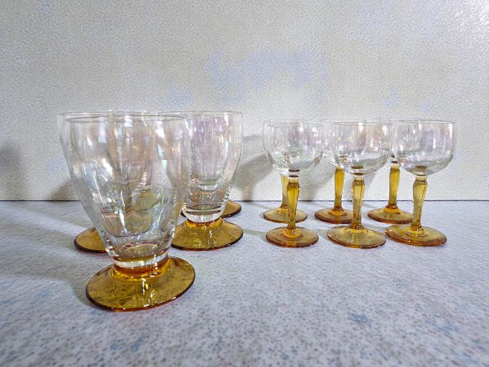 Mid-Century Iridescent Amber Stemmed Glassware