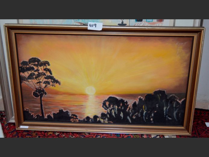 GILT FRAMED OIL ON BOARD "SUNSET", 88 x 50cm