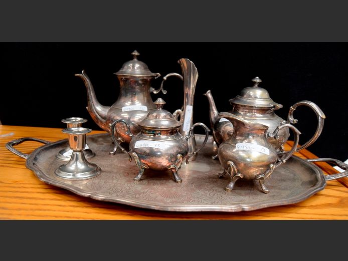 SILVER PLATED TRAY, 57 x 38cm, 2 x TEAPOTS, MILK JUG, SUGAR BOWL, PAIR CANDLESTICKS, etc