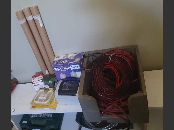 LOT: WALL LIGHTS, SMALL DB BOX, PV ELECTRICAL WIRES, etc