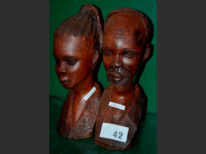 PAIR CARVED AFRICAN BUSTS OF A MAN & A WOMAN, 33cm High & 34cm High