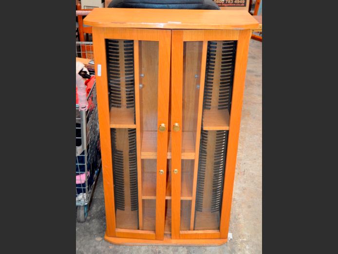 OAK FOIL 2-DOOR CD CABINET, 62 x 24 x 111cm [Doors need securing]