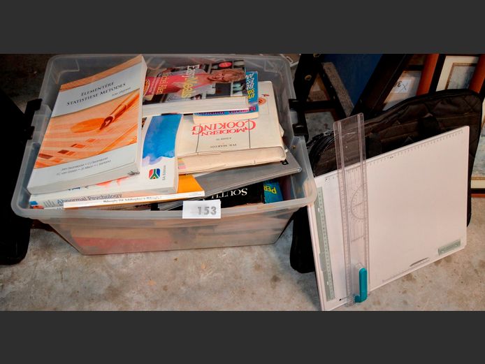ASSORTED BOOKS IN CRATE & A DRAWING BOARD