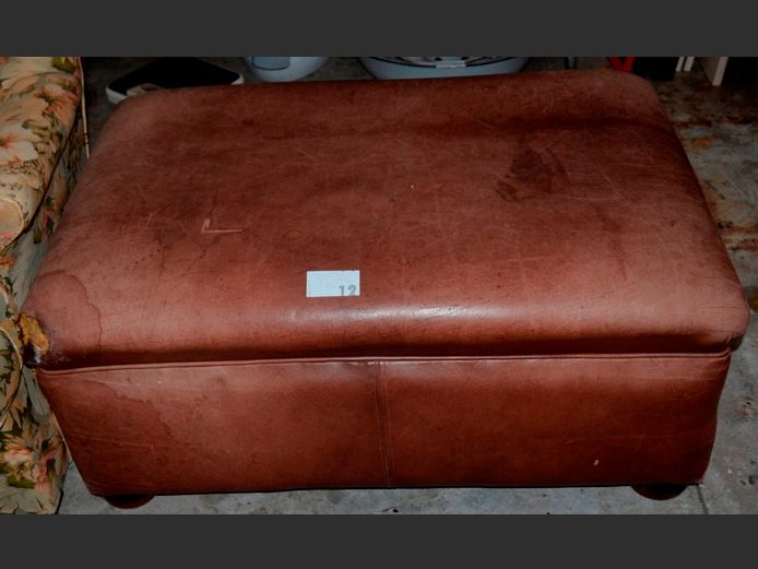 BROWN LEATHER OTTOMAN, 100 x 70 x 41cm [Corner damaged]
