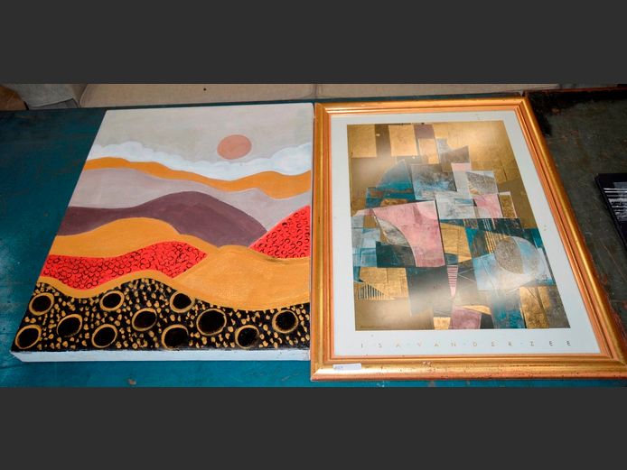 GILT FRAMED ABSTRACT PRINT & ANOTHER, 52 x 37cm & 61 x 50cm