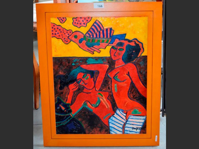 FRAMED OIL ON BOARD "ABSTRACT NUDE LADIES" SIGNED DUPONT, 88 x 68cm