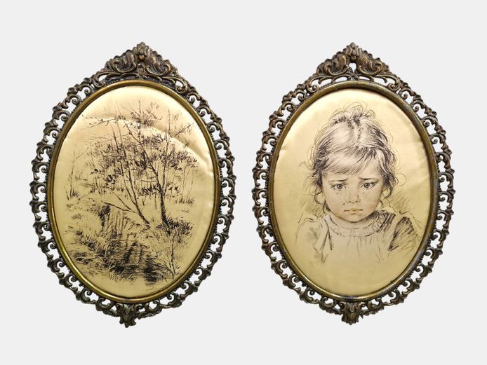 Pair of Vintage Italian Gilt Metal Framed Silk Prints