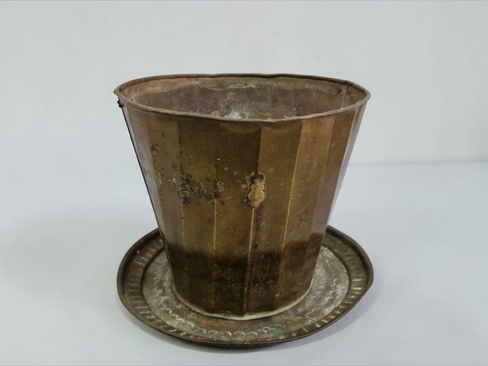 Vintage Fluted Brass Planter with Embossed Drip Tray