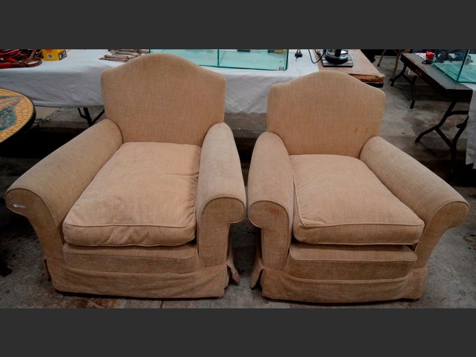 PAIR BEIGE UPHOLSTERED ARMCHAIRS [Leg needed to 1 chair]