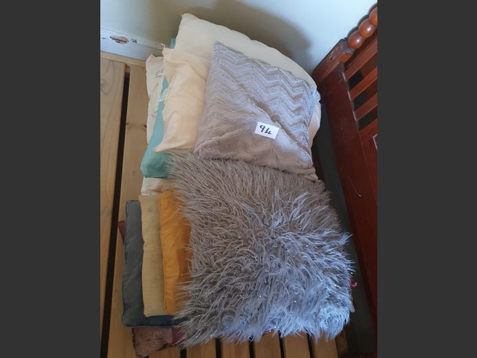 Lot: Scatter Cushions, Brown Suitcase, etc