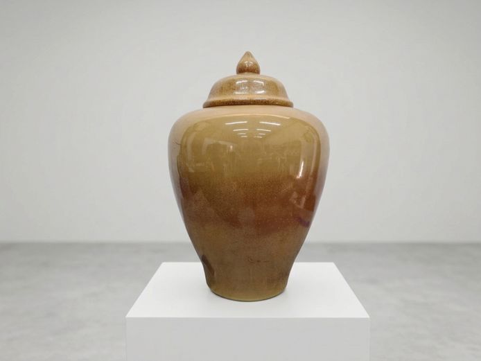Large Ocher-Glazed Ceramic Temple Jar with Cover