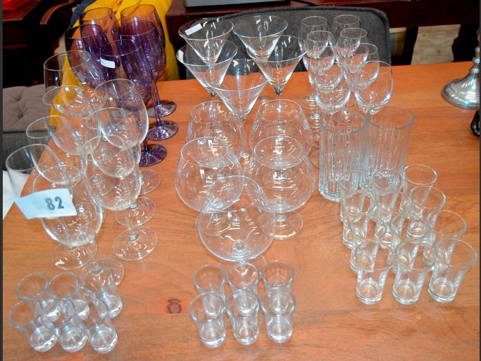ASSORTED DRINKING GLASSES: MARTINI, WINE, BRANDY, SHOT, etc