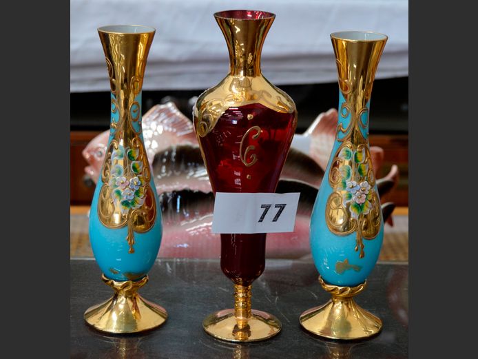 PAIR BLUE & GILT LUSTREWARE VASES & A RED & GOLD LUSTREWARE VASE, 25cm High & 27cm High