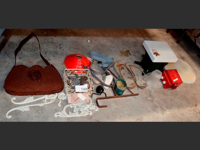 GLASS LIGHT SHADES, RUSTY GARDEN ORNAMENT, etc