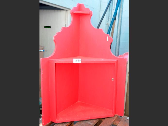 PINE UNDER RED PAINT CORNER SHELF, 79 x 40 x 117cm