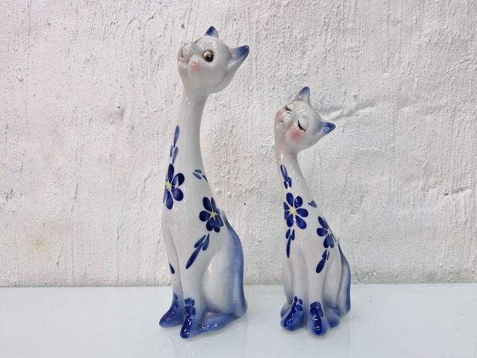 Pair of Long-Necked Ceramic Cat Statues - Blue Floral Detail