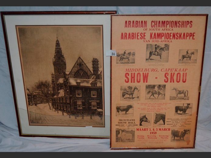 FRAMED LITHOGRAPH "CHURCH", etc, 69 x 52cm & 88 x 56cm [Glass broken to 1 & frame damaged to 1]