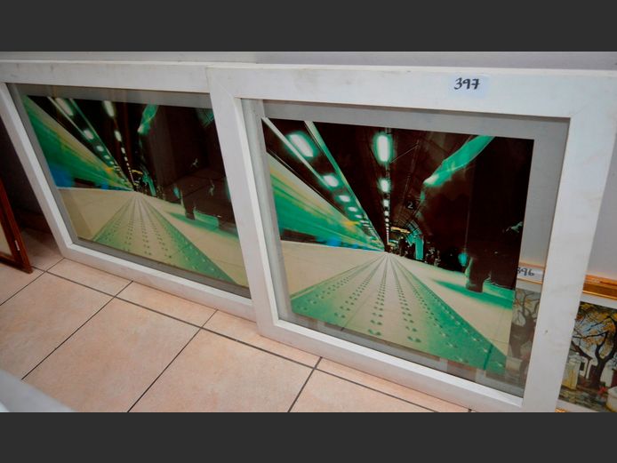 PAIR WHITE FRAMED PHOTOGRAPHIC PRINTS, 120 x 85cm & 85 x 85cm