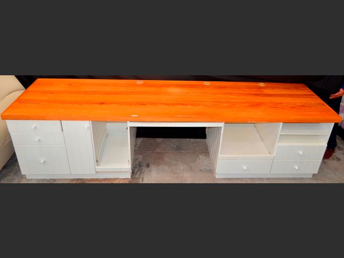 WHITE & OREGON PINE SINGLE DOOR, MULTI-DRAWER WORK STATION, 285 x 70x 75cm