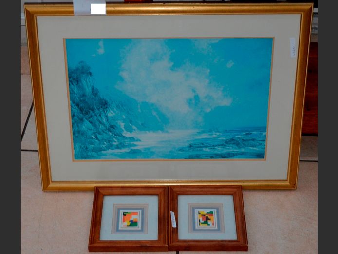 PAIR SMALL FRAMED ABSTRACT PRINTS, 5 x 4cm & A GILT FRAMED PRINT "MOUNTAIN SCENE", 45 x 31cm