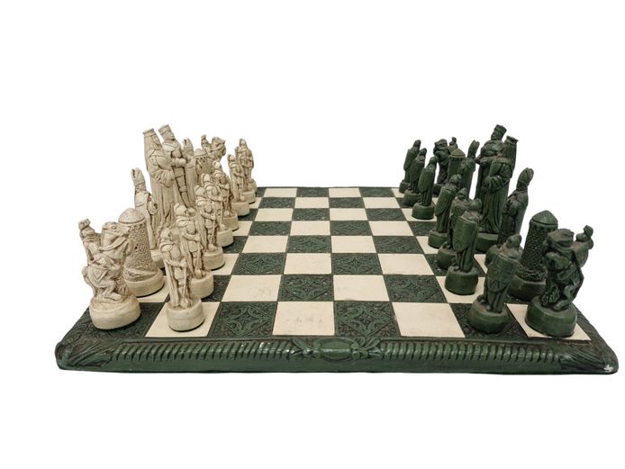 Vintage Medieval-Style Stone Chess Set with Ornate Plaster Board