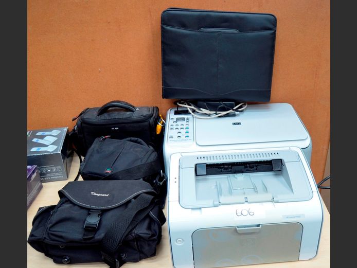 LOT: 2 x HP PRINTERS, CAMERA BAGS, etc [Switches on, untested further]
