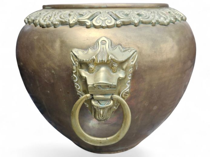 Antique Large Heavy Brass "Lion Head" Handled Jardiniere