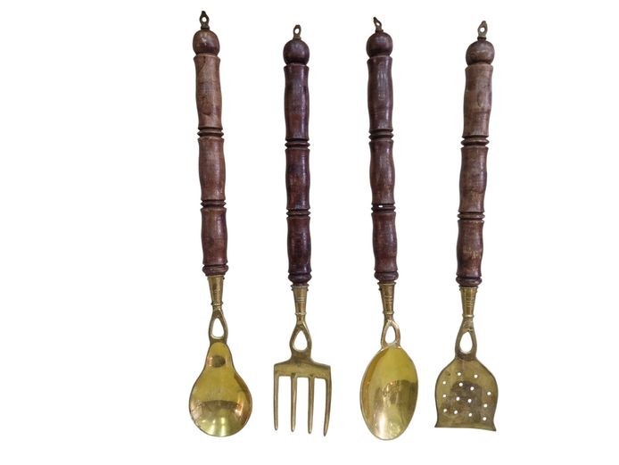 Vintage Brass & Turned Wood Kitchen Companion Tools - 4 Piece Set