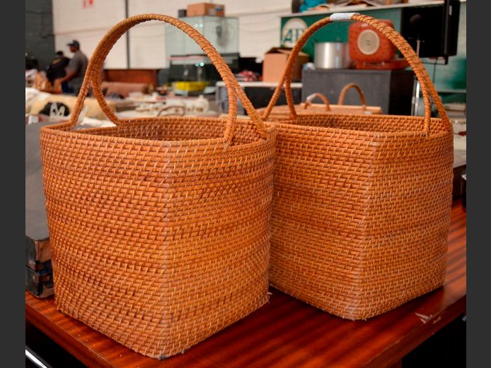 PAIR WICKER BASKETS WITH HANDLES, 39 x 35 x 34cm