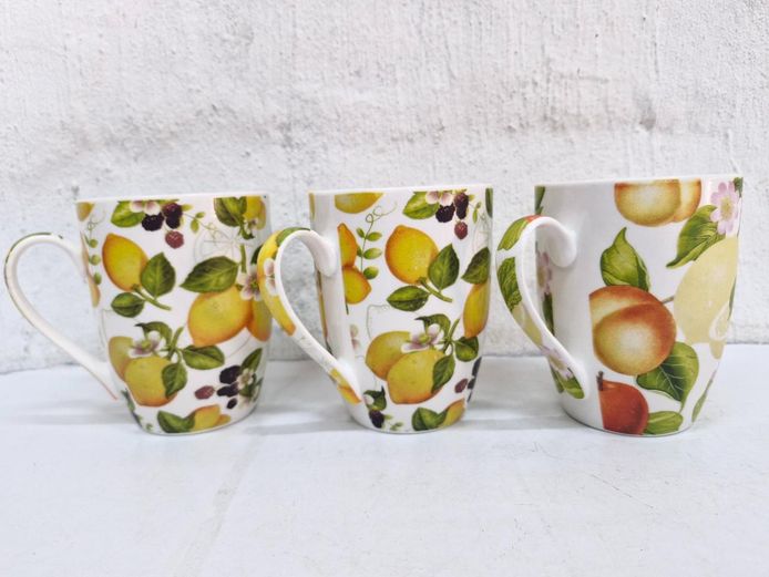 Fruit Patterned Ceramic Coffee Mugs - Set of Three