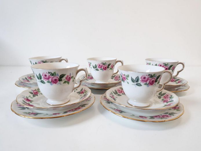 Vintage Queen Anne Pink Rose Bone China Tea Trios - Set of 5