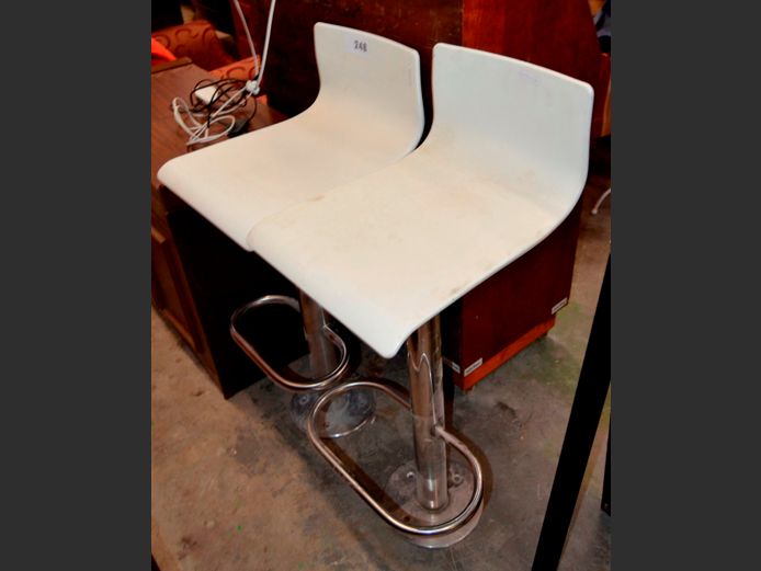 PAIR WHITE PLASTIC & STAINLESS STEEL FLOOR MOUNT BAR CHAIRS, 68cm High
