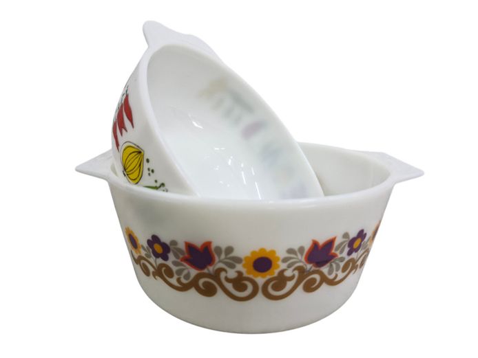 Vintage JAJ Pyrex Briarwood Bowl & Vegetable Motif Bowl