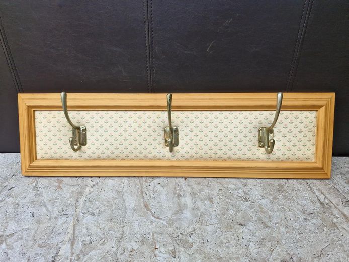 Vintage Wooden Wall Coat Rack with 3 Brass Hooks & Floral Backing