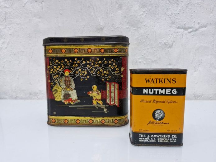 Vintage Litho Tins: Watkins Nutmeg Spice Tin & Chinoiserie Tea Caddy