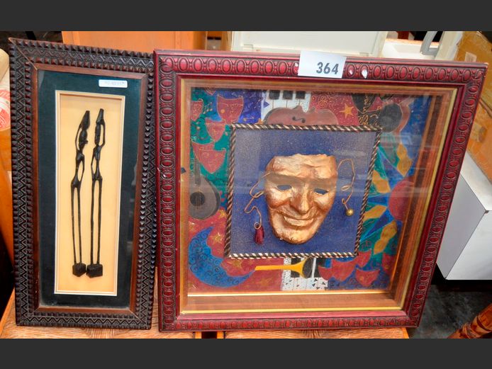 BOX FRAMED AFRICAN ARTWORK & BOX FRAMED DRAMA MASK, 53 x 53cm & 53 x 25cm