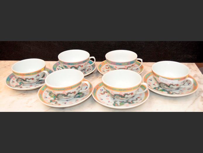 SET OF 6 CHINESE TEA CUPS & SAUCERS